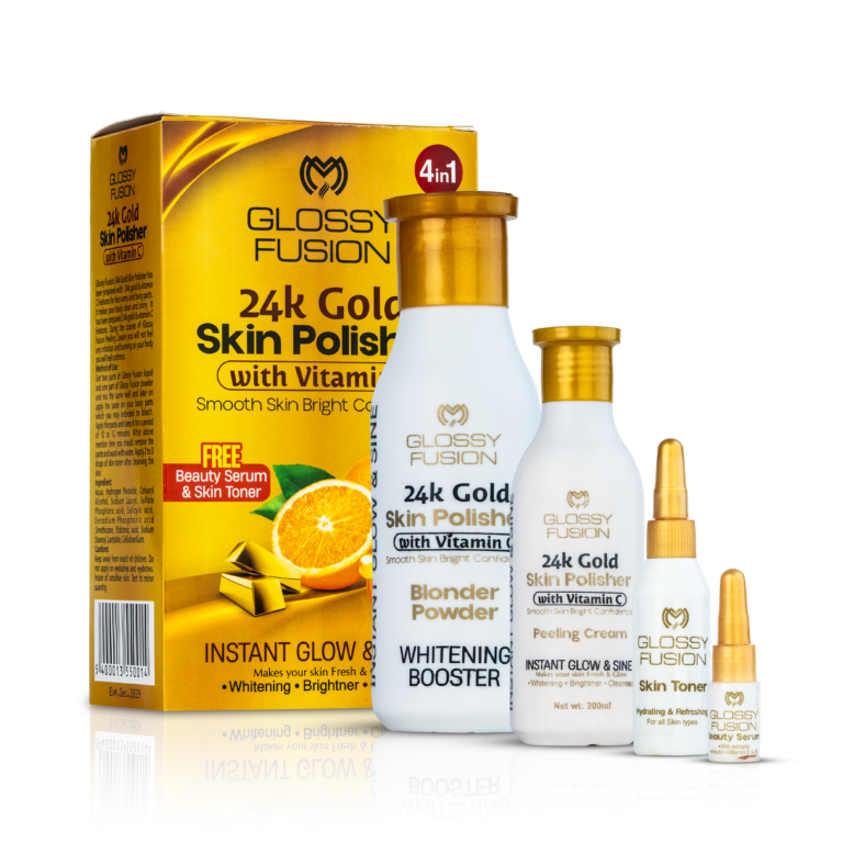 Glossy Fusion 24K Gold Skin Polisher 4 in 1 skincare kit with Vitamin C for glow, whitening, and smooth skin